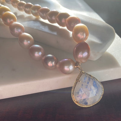 Freshwater Pearl Necklace with Rainbow Moonstone Teardrop Pendant