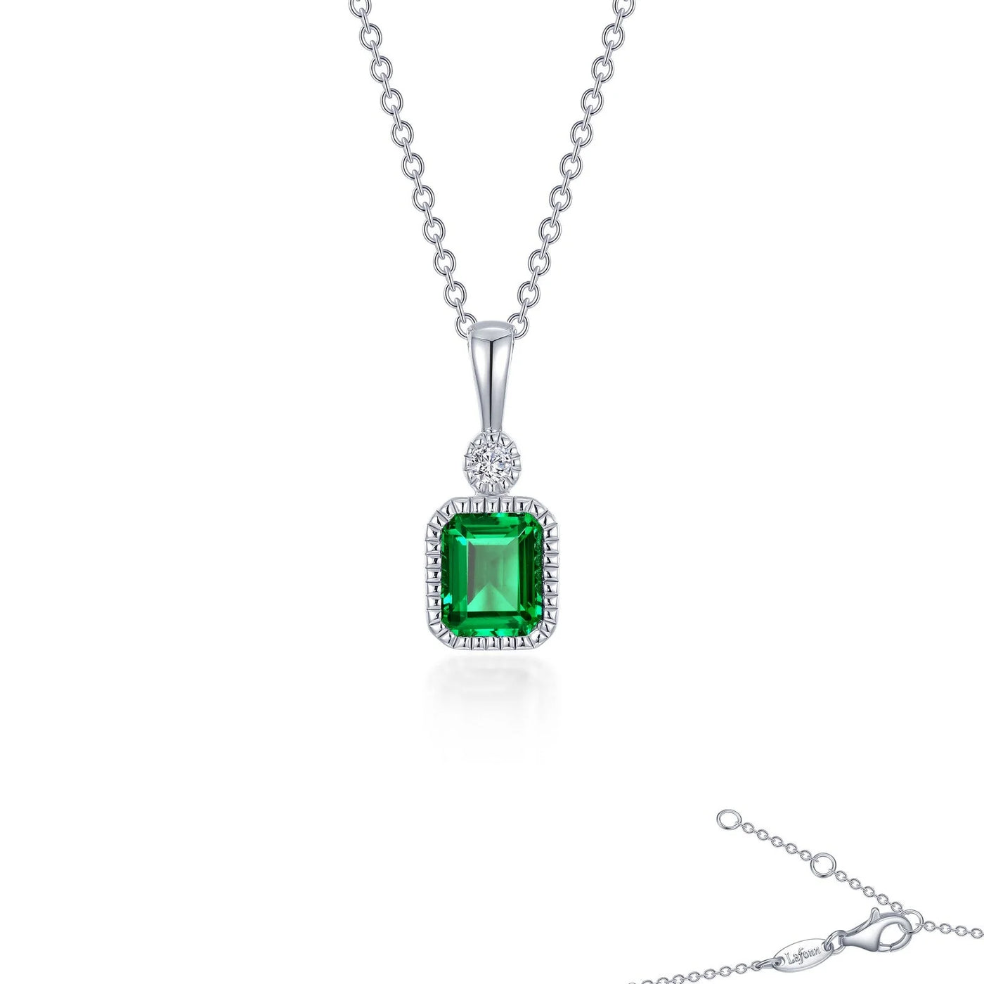 Simulated Emerald-Cut Emerald & Diamond May Birthstone Necklace