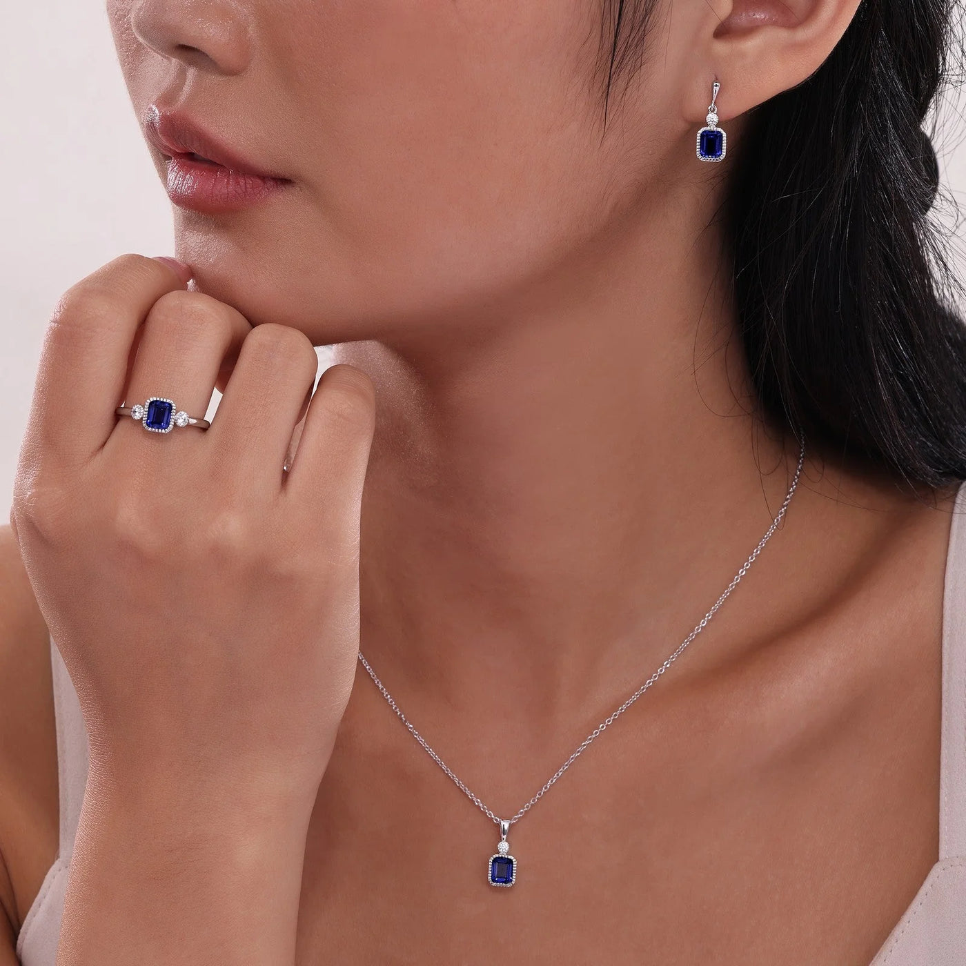 Lab-Grown Emerald-Cut Sapphire & Simulated Diamond September Birthstone Necklace