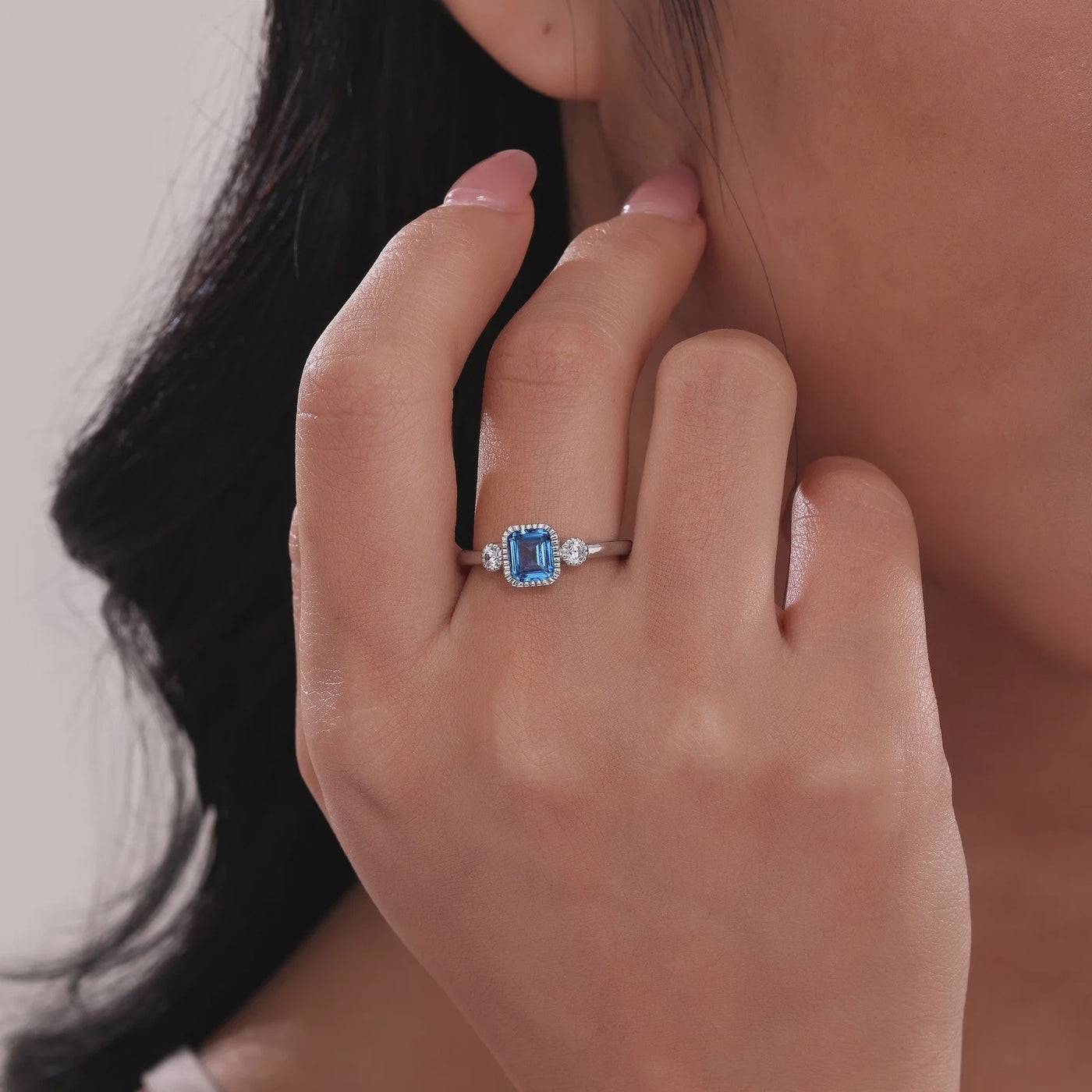 Simulated Emerald-Cut Blue Topaz & Diamond December Birthstone Ring