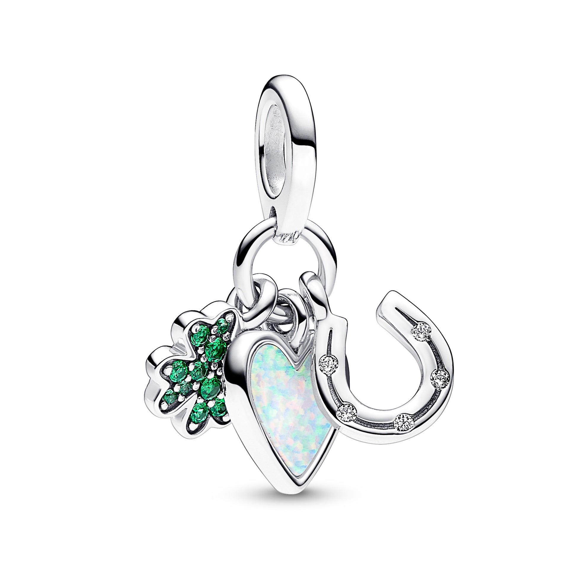 Pandora Four Leaf Clover, Heart and Horseshoe Triple Dangle Charm