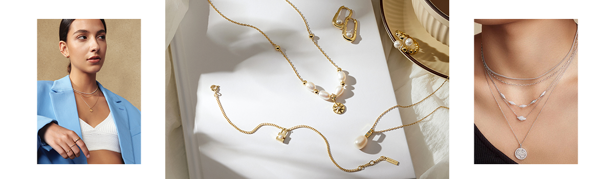 Modern muse necklaces for cool girls, showcasing luminous pearls and sparkling cubic zirconias, perfectly capturing sunlight.