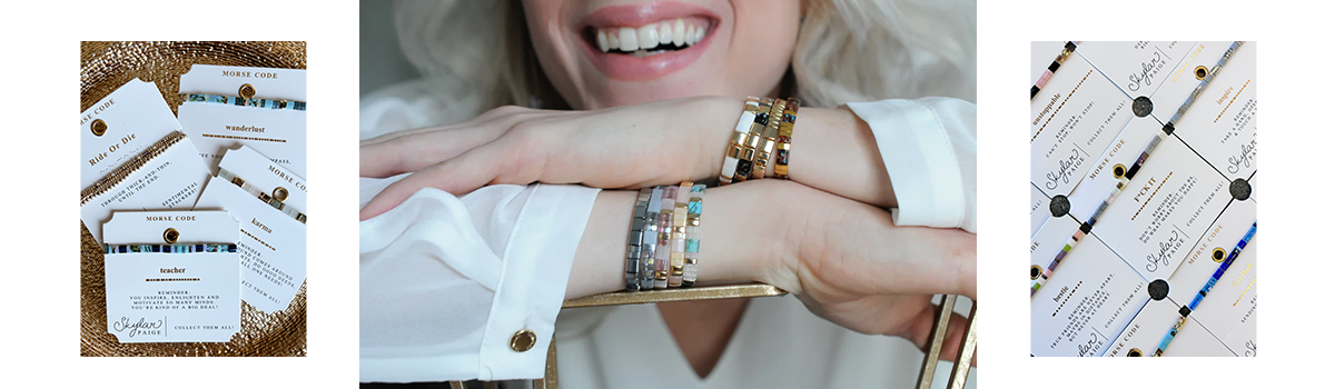 Sophisticated woman resting arms on gold chair, showcasing colorful and metallic tila bracelets spelling Morse code messages on her wrist. 