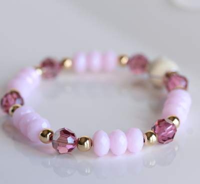 Swarovski Crystal Elements - Pink & Fuchsia, White Enamel Heart Stretch Bracelet