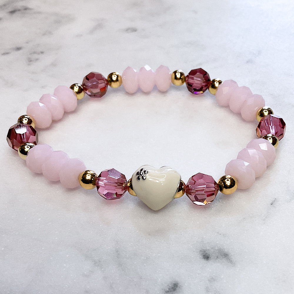 Swarovski Crystal Elements - Pink & Fuchsia, White Enamel Heart Stretch Bracelet