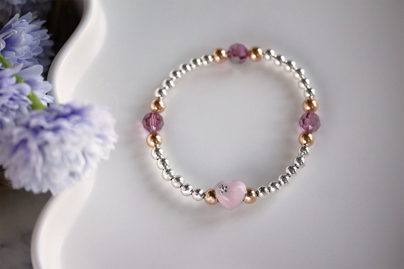 Swarovski Crystal Elements - Pink Enamel Heart, Fuchsia Stretch Bracelet