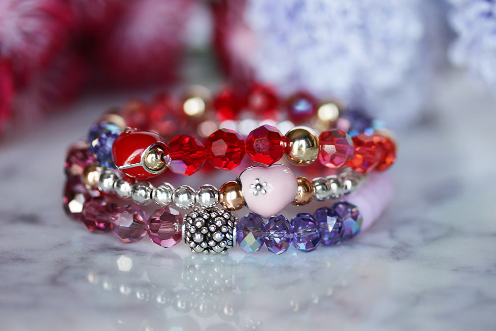 Swarovski Crystal Elements - Pink Enamel Heart, Fuchsia Stretch Bracelet