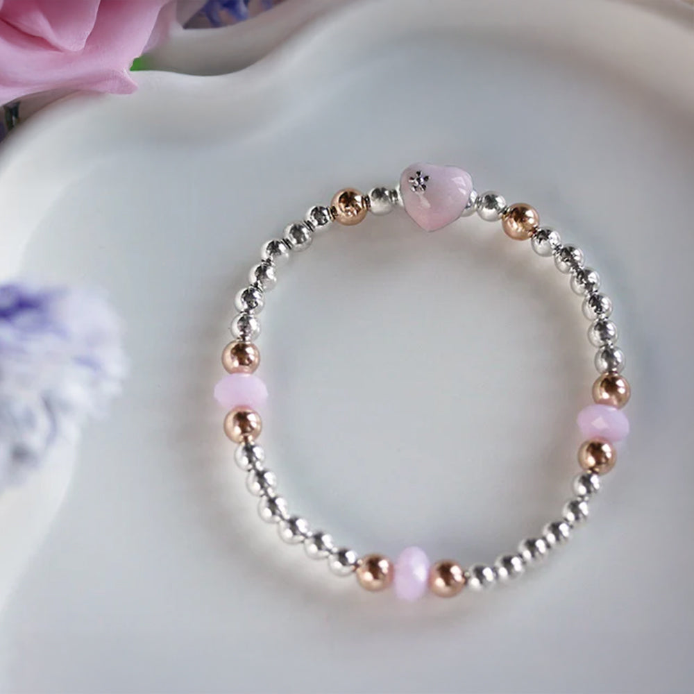 Swarovski Crystal Elements - Pink Enamel Heart, Opaque Pink Stretch Bracelet