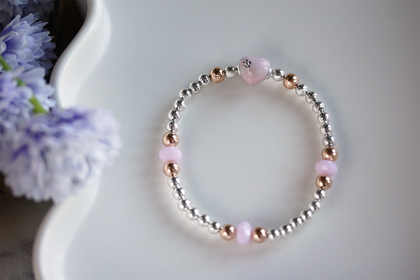 Swarovski Crystal Elements - Pink Enamel Heart, Opaque Pink Stretch Bracelet