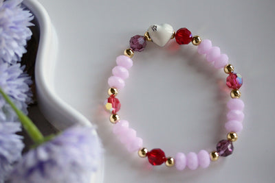 Swarovski Crystal Elements - White Enamel Heart, Multicolor Stretch Bracelet