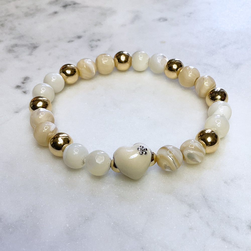 White Enamel Heart, Mother of Pearl Stretch Bracelet