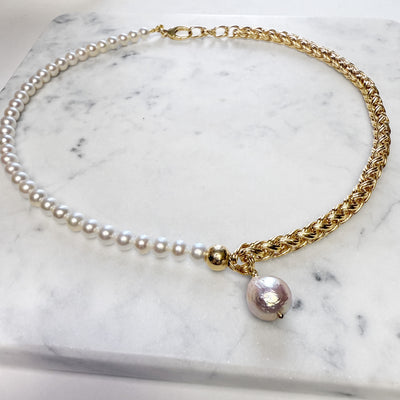 Freshwater Pearls & Gold Necklace with Fireball Pearl