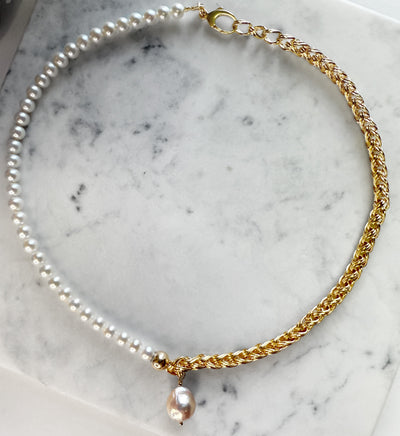 Freshwater Pearls & Gold Necklace with Fireball Pearl