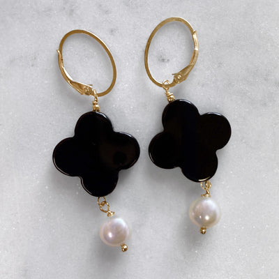 Onyx Quatrefoil & Freshwater Pearl Earrings