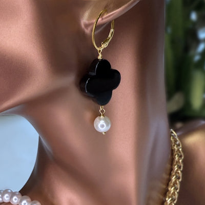 Onyx Quatrefoil & Freshwater Pearl Earrings