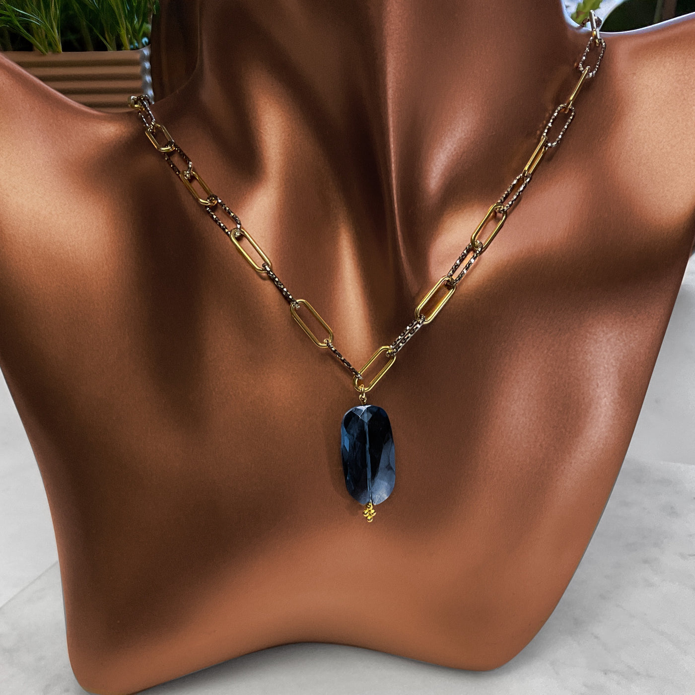 Black Rhodium Diamond-Cut & 14KTGF Smooth Paperclip Necklace with London Blue Topaz