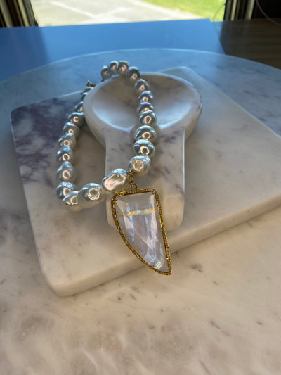 Freshwater Pearl Necklace with Rainbow Moonstone Dagger Pendant
