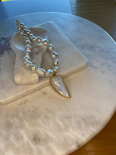 Freshwater Pearl Necklace with Rainbow Moonstone Dagger Pendant