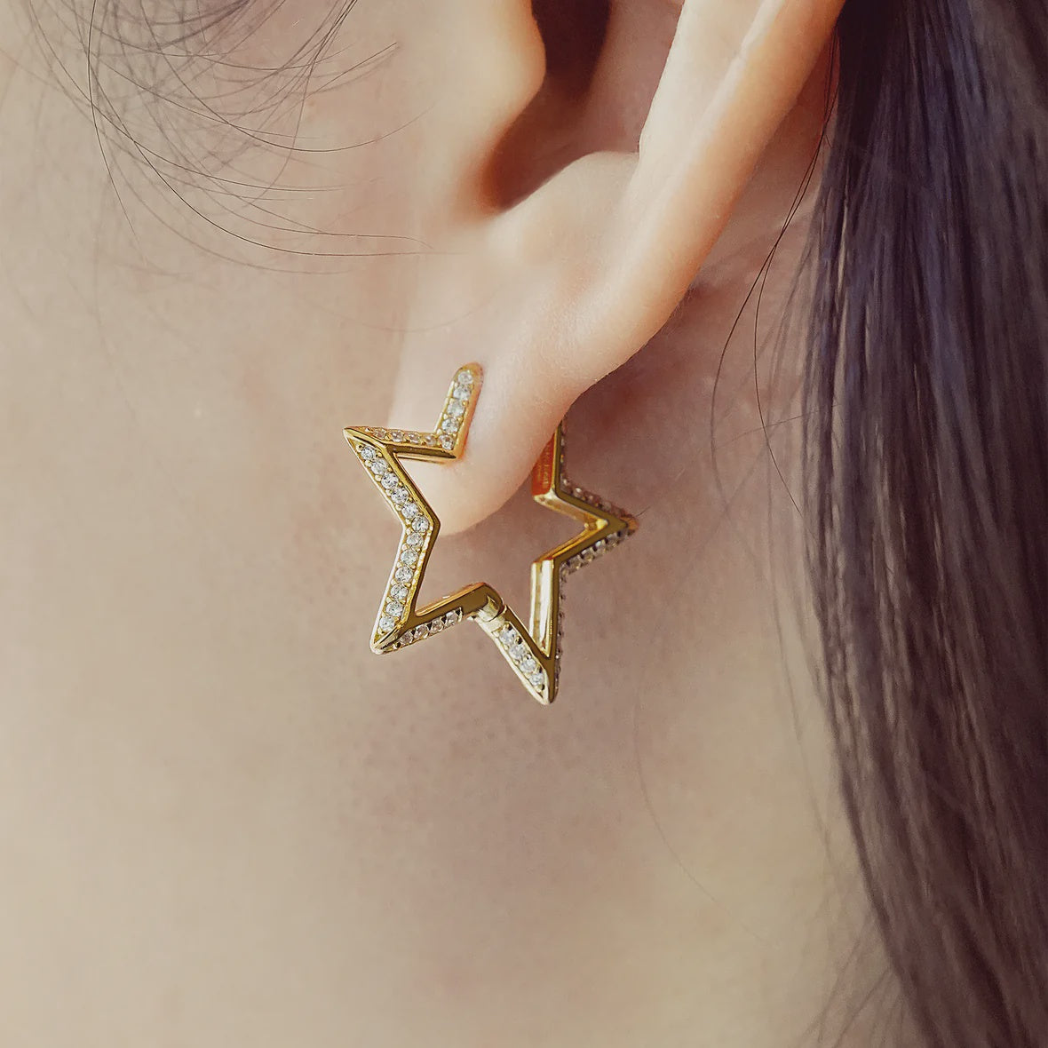 Sunny Sparkler - Medium Star Pave Hoop Earrings