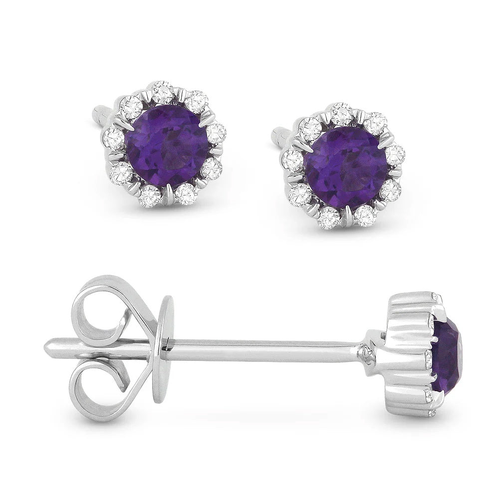 14KW Round Amethyst  & Diamond Stud Earrings