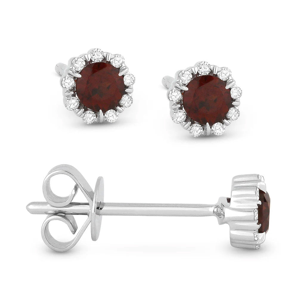 14KW Round Garnet & Diamond Stud Earrings