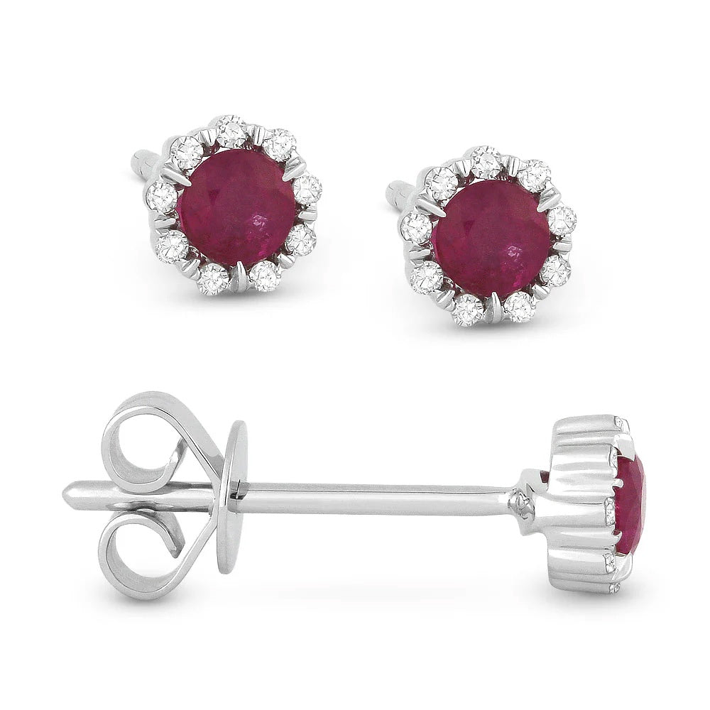 14KW Round Ruby & Diamond Stud Earrings