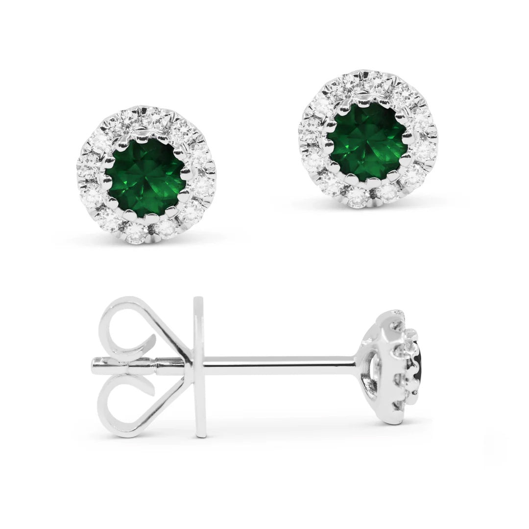 14KW Round Emerald & Diamond Stud Earrings