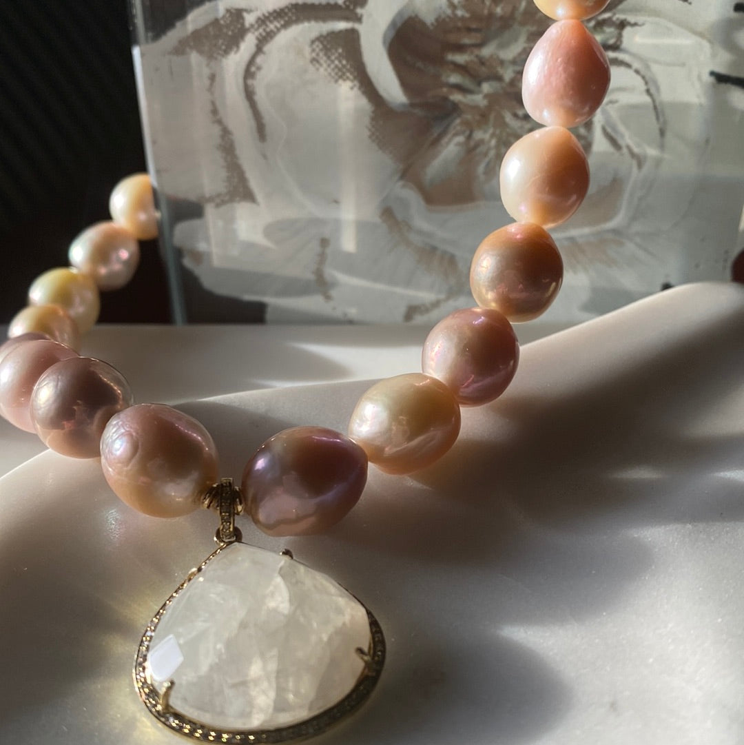 Freshwater Pearl Necklace with Rainbow Moonstone Teardrop Pendant