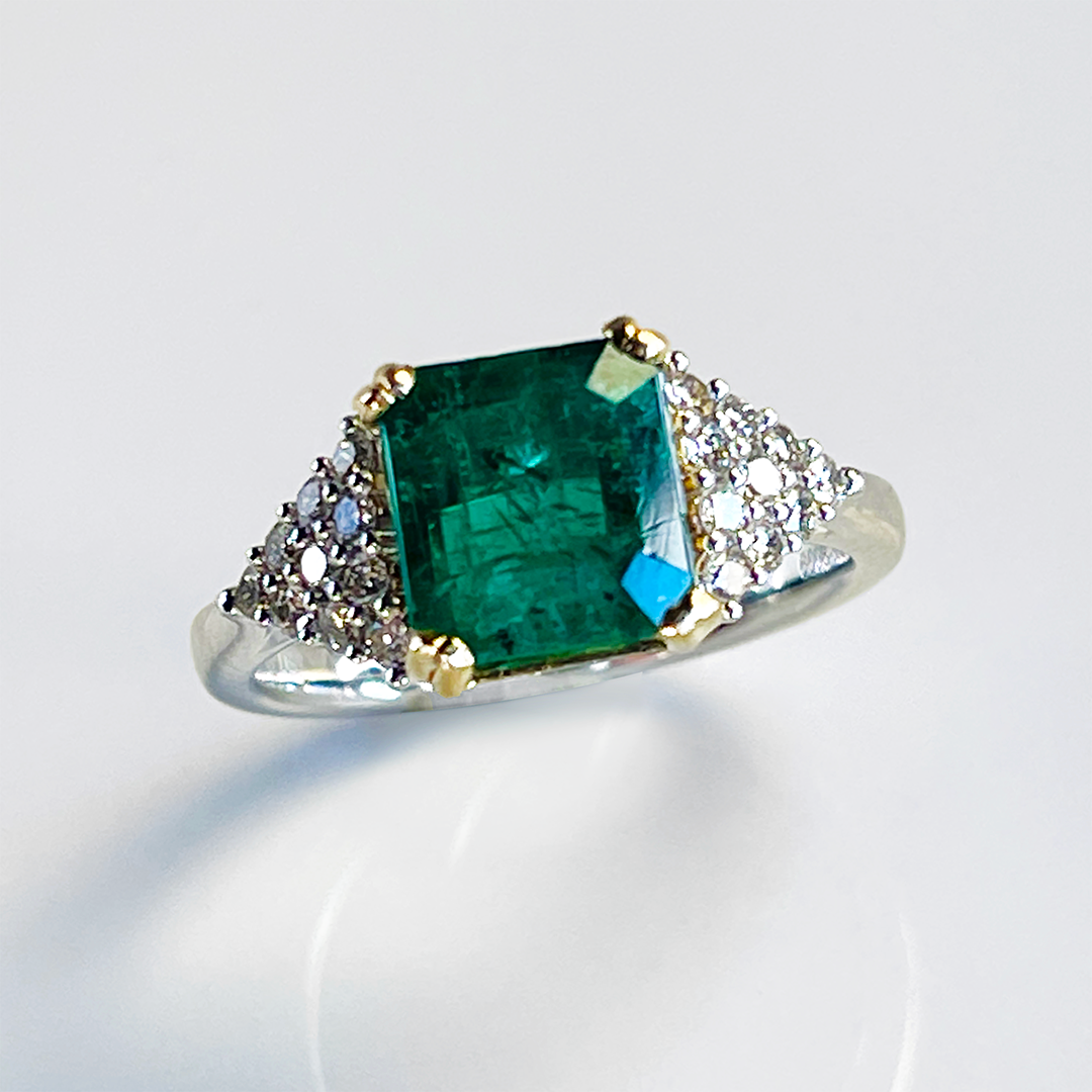 2.59CT Square Cut Emerald & Diamond Platinum Ring