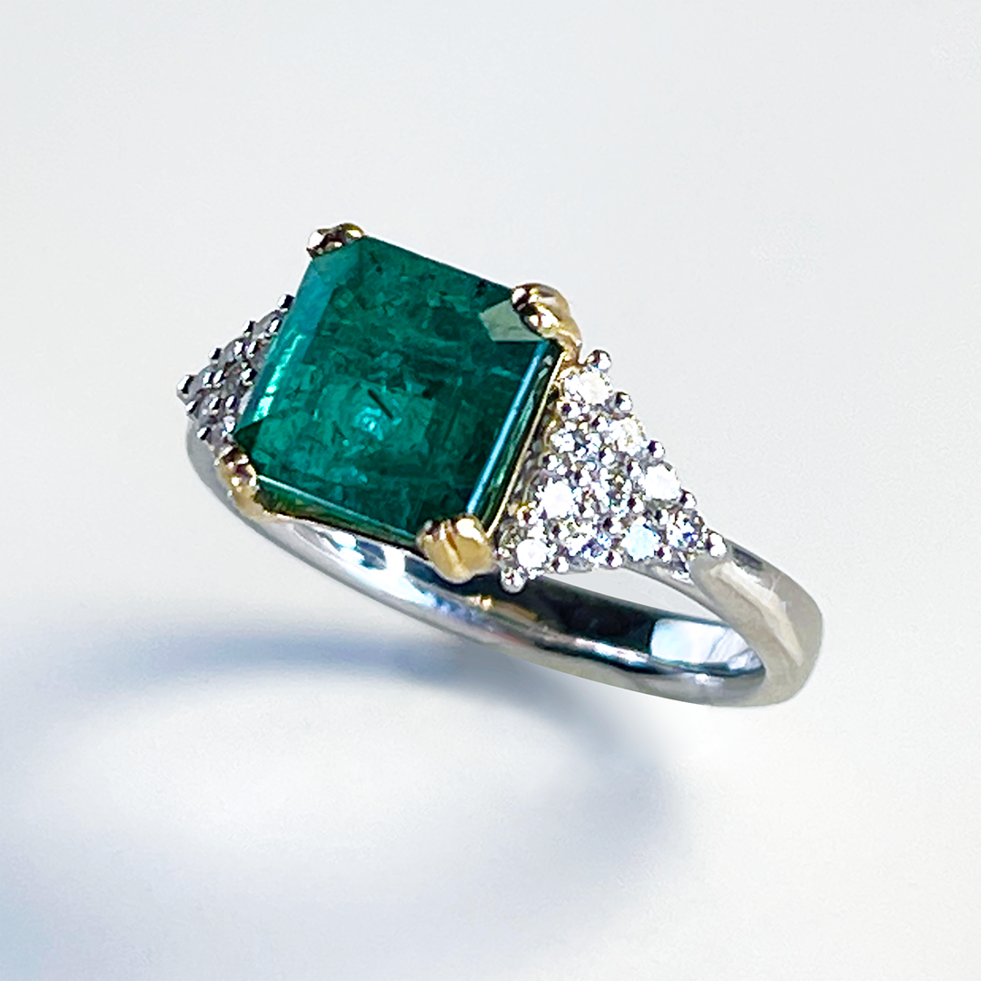 2.59CT Square Cut Emerald & Diamond Platinum Ring