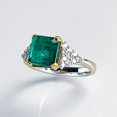 2.59CT Square Cut Emerald & Diamond Platinum Ring