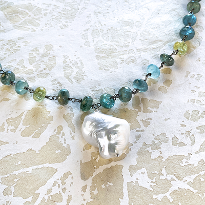 Moss Aquamarine & Baroque Pearl Necklace