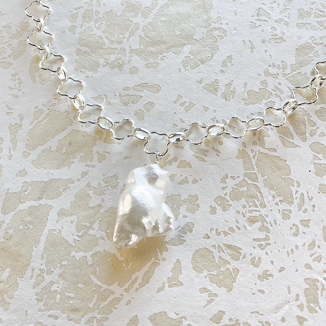 Baroque Pearl on SS Quatrefoil Necklace