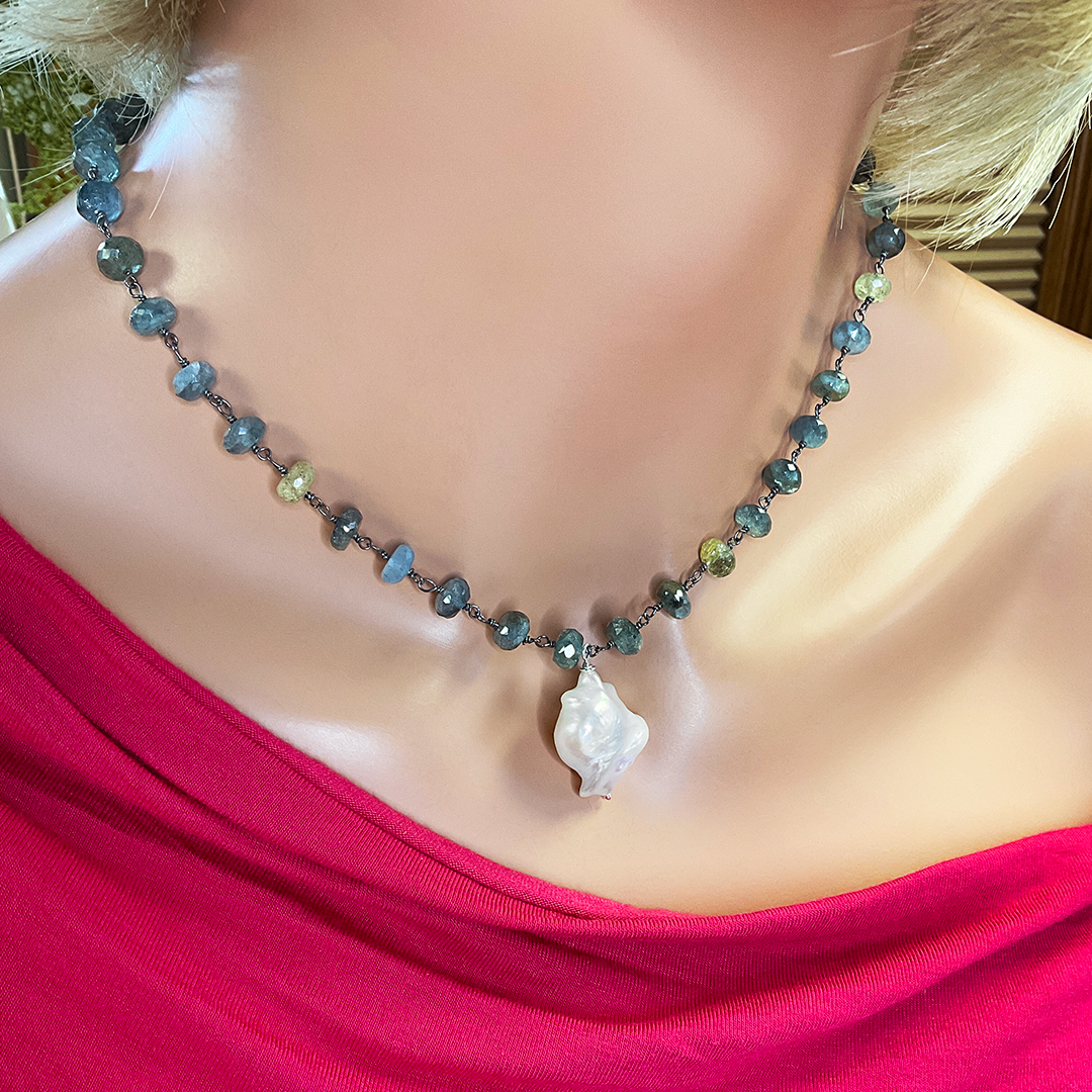 Moss Aquamarine & Baroque Pearl Necklace