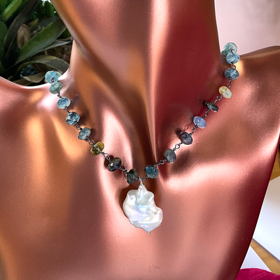 Moss Aquamarine & Baroque Pearl Necklace