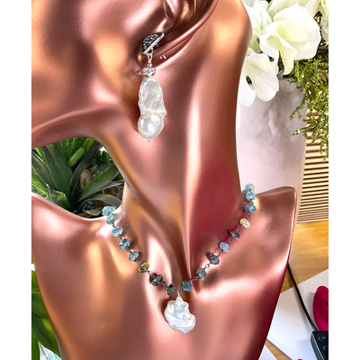 Moss Aquamarine & Baroque Pearl Necklace