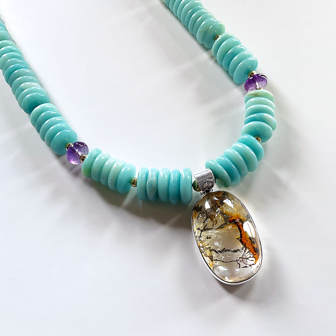 Amazonite Necklace with Brazilian Dendritic Quartz Pendant