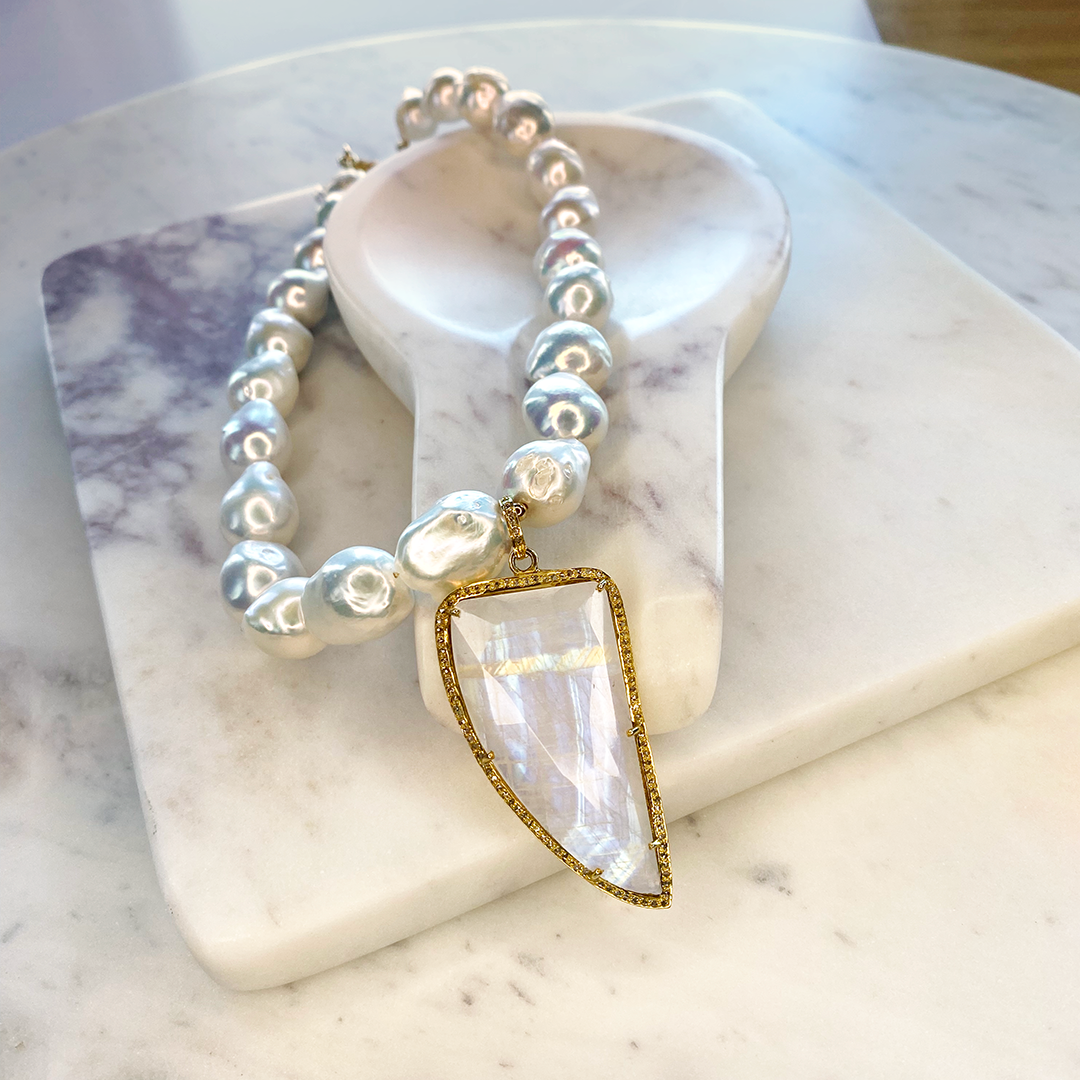 Freshwater Pearl Necklace with Rainbow Moonstone Dagger Pendant