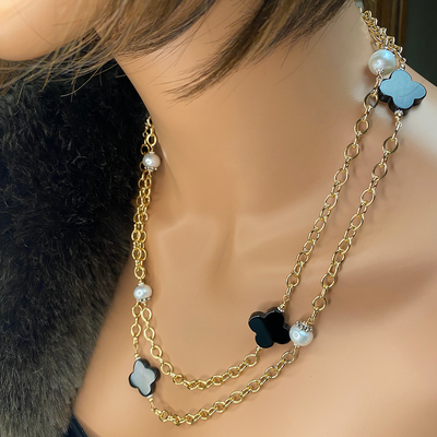 Onyx Quatrefoil & Button Pearl Necklace