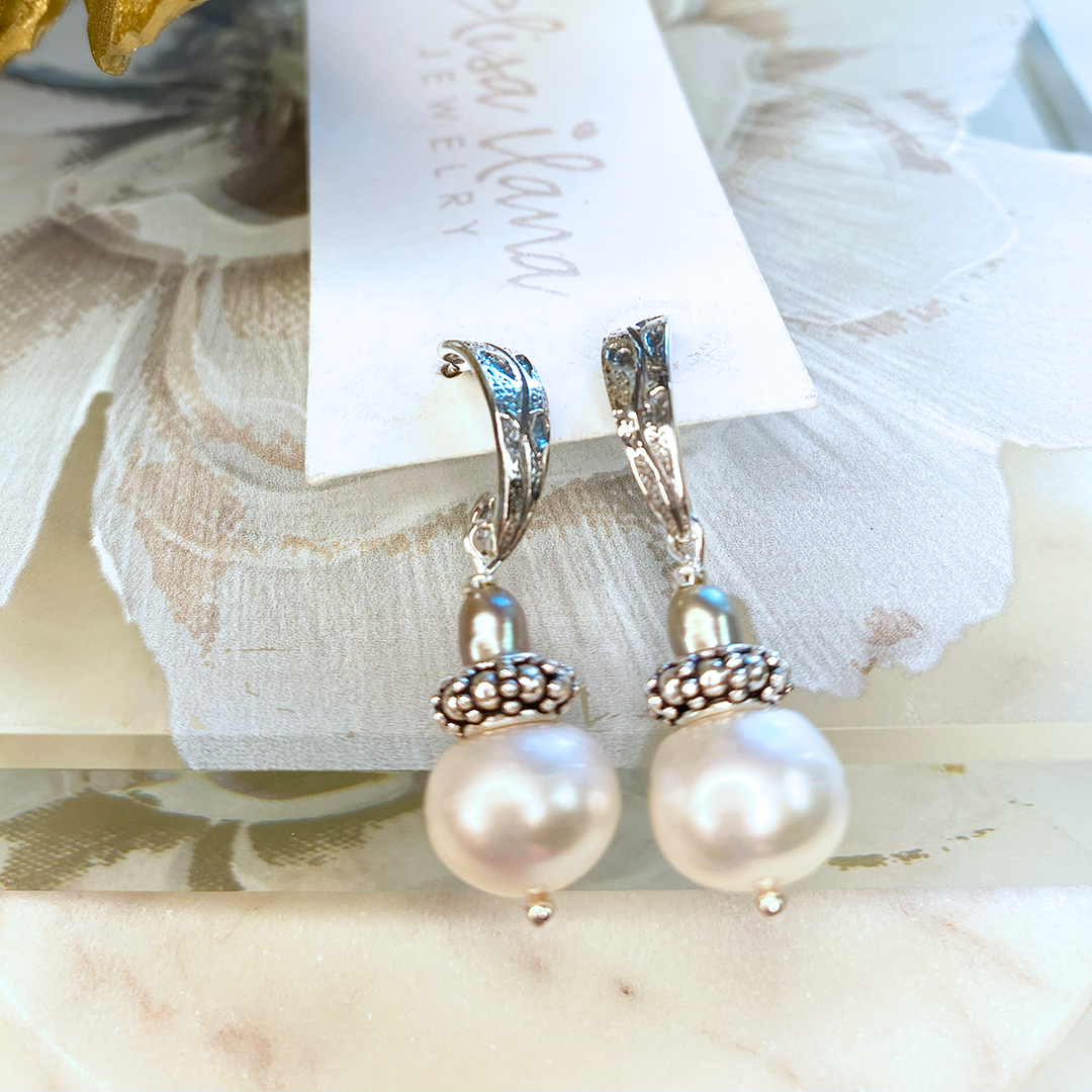 White Button Pearl Earrings on SS Posts