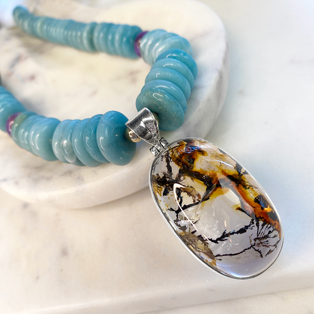 Amazonite Necklace with Brazilian Dendritic Quartz Pendant