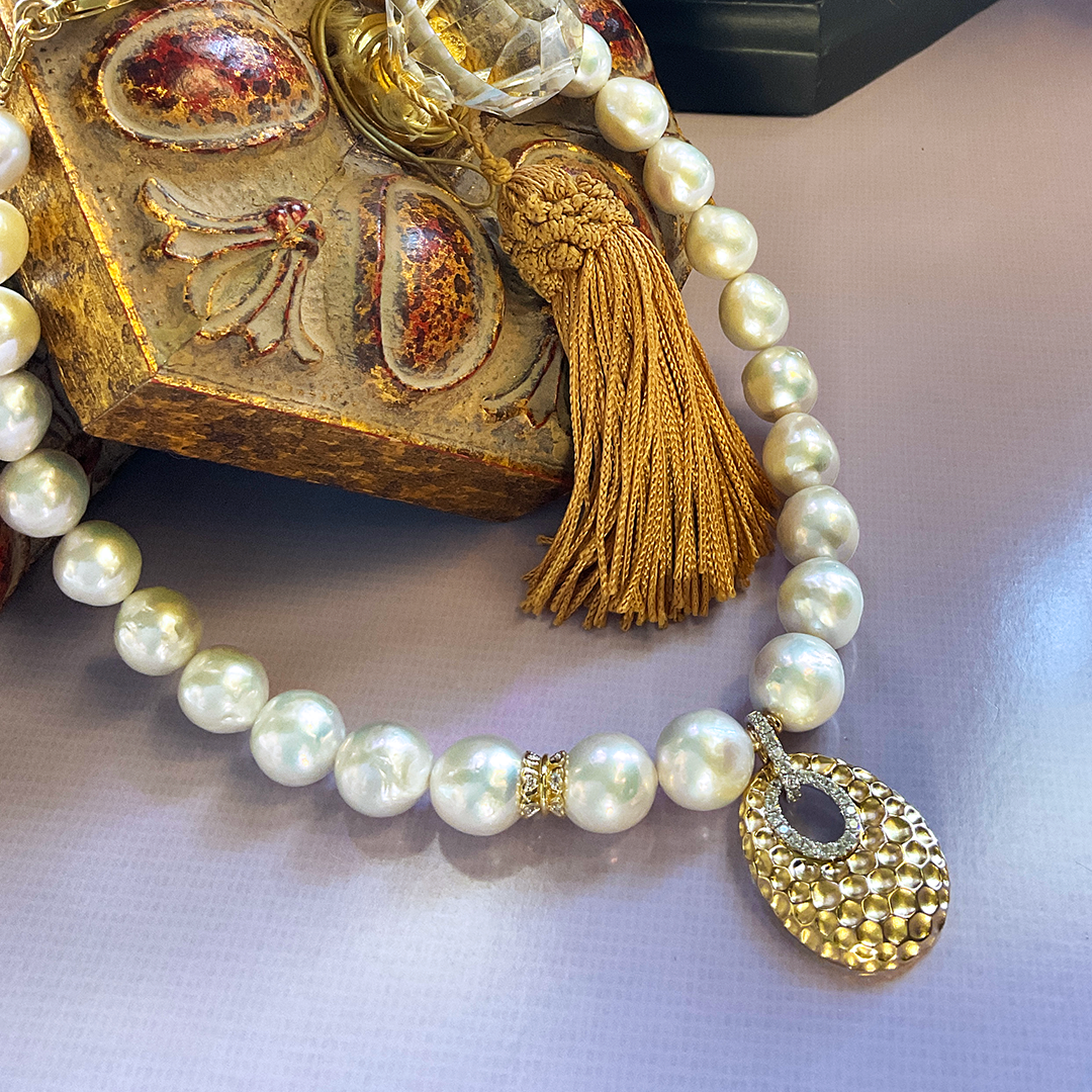 AAA Pearls and Hammered 14kt Gold and Diamond Pendant