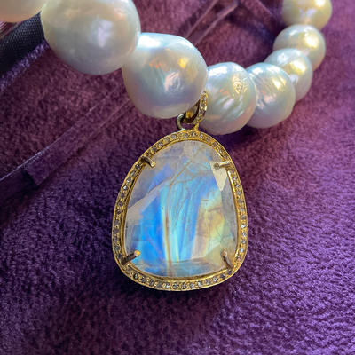 Freshwater Pearl Necklace with Faceted Rainbow Moonstone Pendant