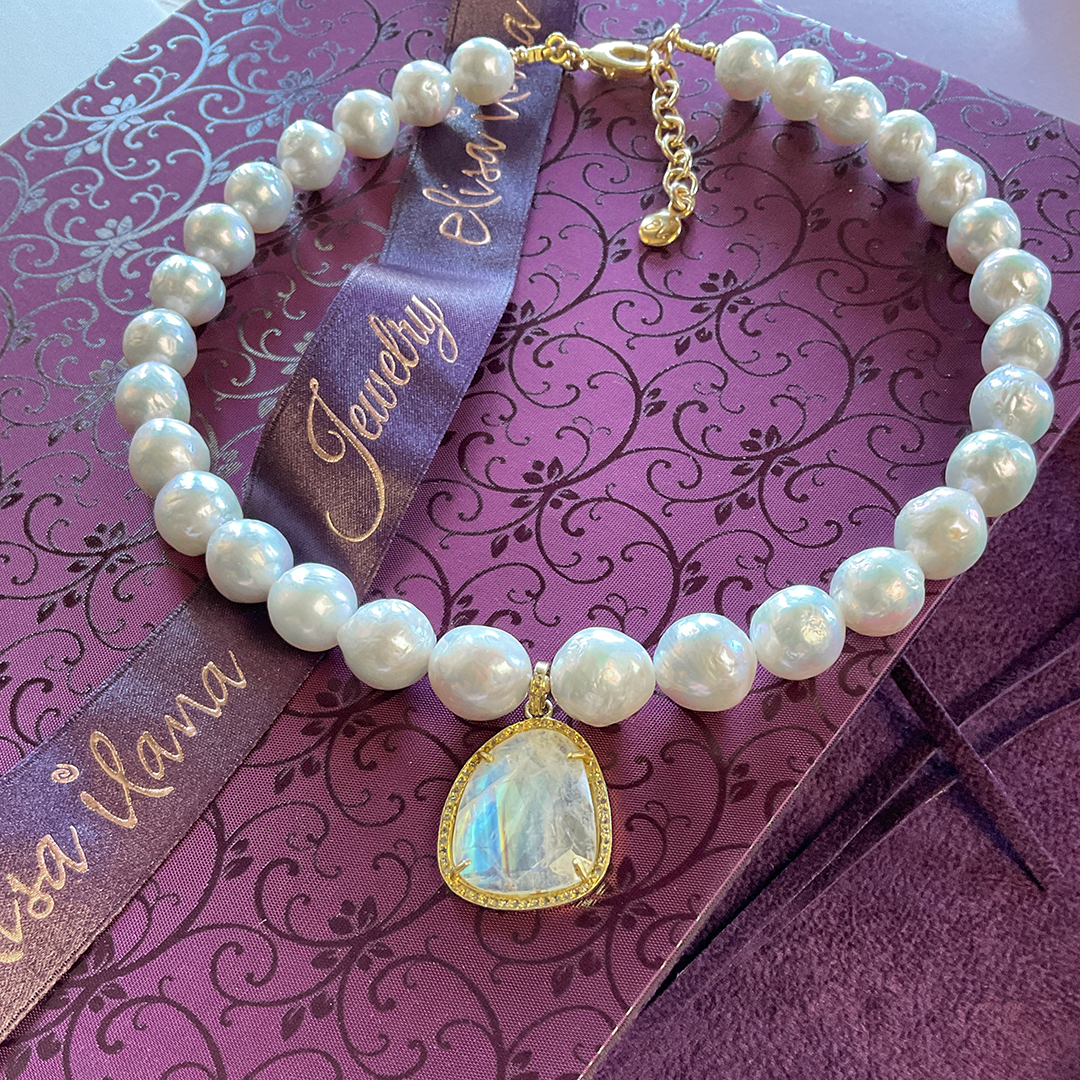 Freshwater Pearl Necklace with Faceted Rainbow Moonstone Pendant