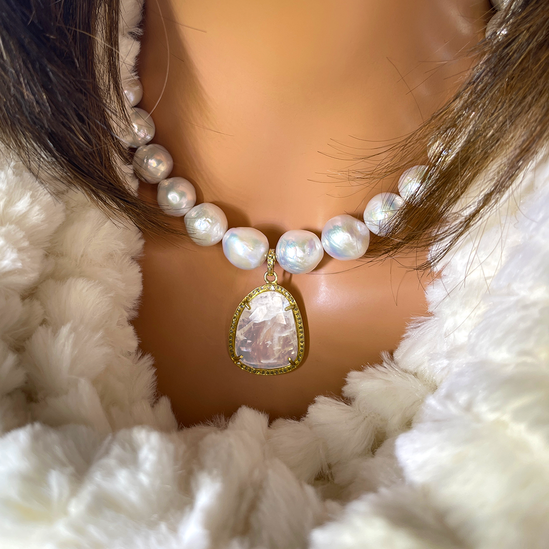 Moonstone and freshwater pearl gold offers pendant necklace