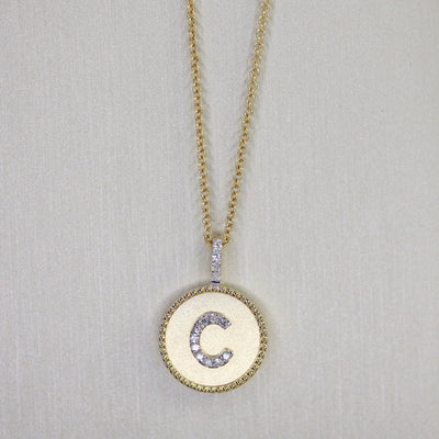 14KY Circle Pendant w/ Diamond Initial Necklace