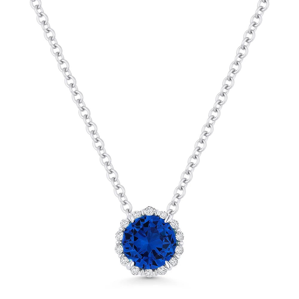 14KW Round Created Sapphire & Diamond Necklace