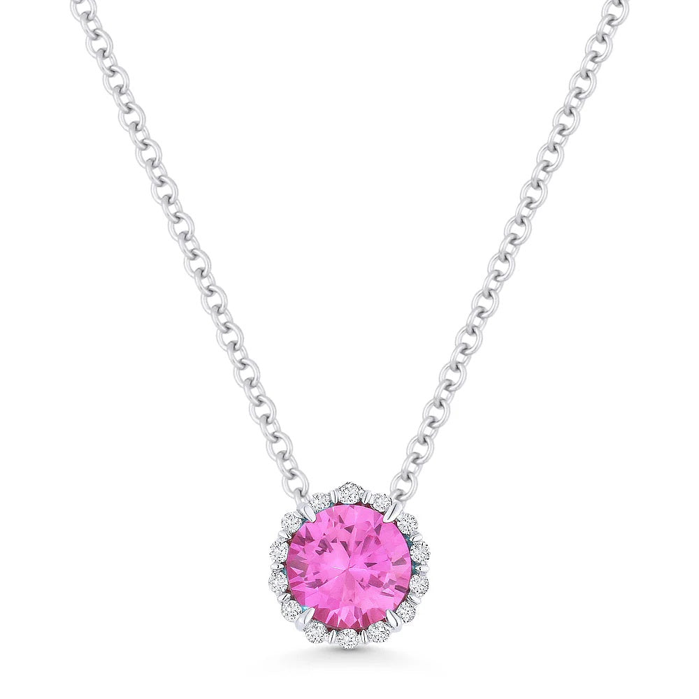 14KW Round Created Pink Sapphire & Diamond Necklace