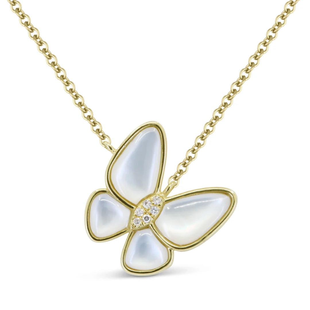 14KY Mother of Pearl & Diamond Butterfly Necklace