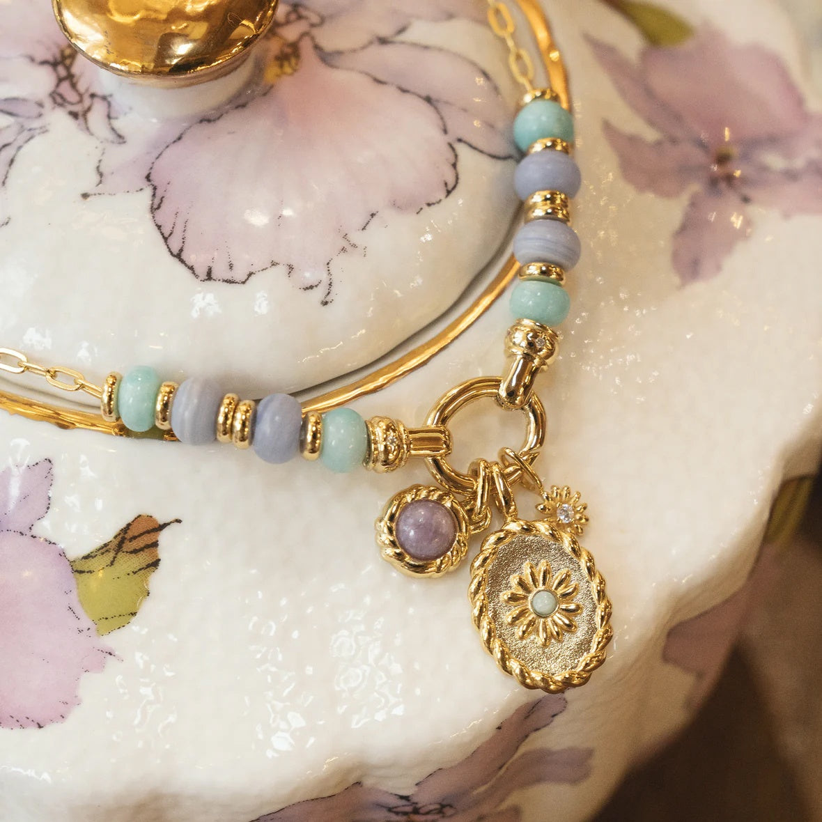 Pop Charms - Gold Oval Amazonite Flower Charm